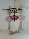 Vintage Table Lamp Cranberry Glass Brass Milk Glass Base Hurricane Style 19”