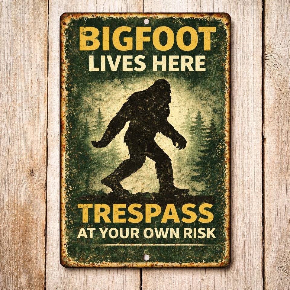 Bigfoot Lives Here is the perfect absurdist touch for a cabin, man cave, or any room that refuses to take itself seriously.