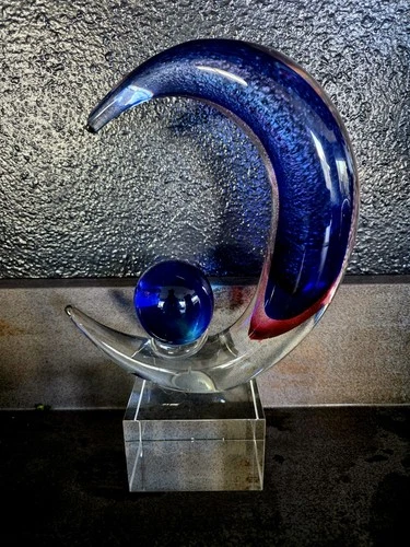 Vintage Murano Sun & Moon Hand Blown Art Glass Sculpture Blue Purple Italy