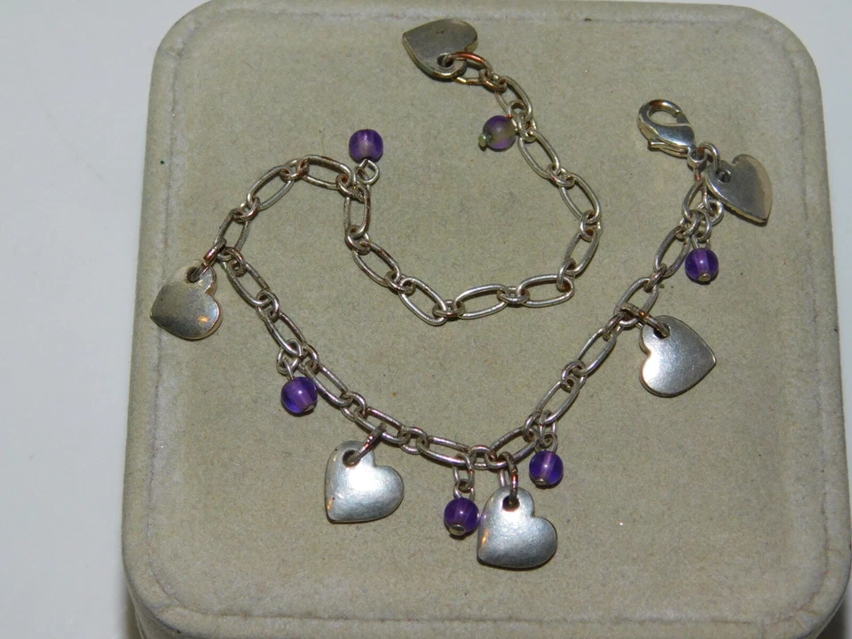 Silber Herz Anhänger Violett Lila Perlen Kette Armband 2f 104 - Bild 4 von 4