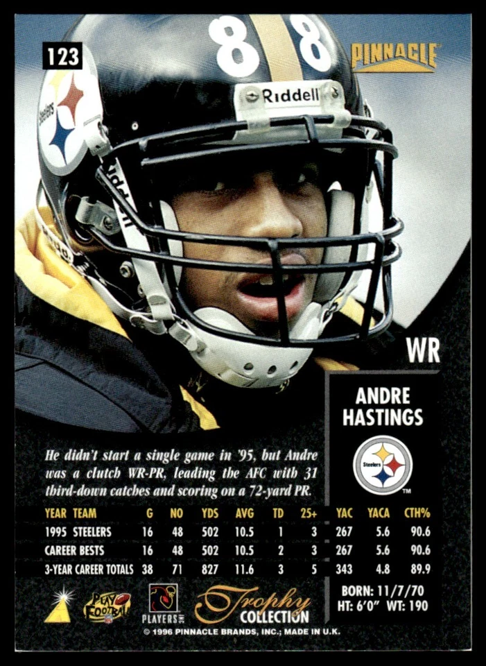 1996 Pinnacle Trophy Collection Foil Andre Hastings Pittsburgh Steelers #123 - Image 2 of 2