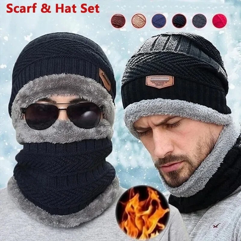 Hombres Mujeres Invierno Gorro Sombrero Bufanda Conjunto Cálido Tejido Sombrero Grueso Vellón Forrado Gorra Foto 2 de 4