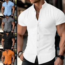 Mens Casual Short Sleeve Summer Solid Button Up Shirts Work Tops Shirts Formal↔