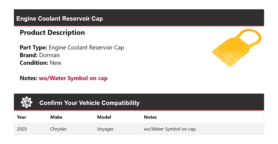 For 2020 Chrysler Voyager Dorman Engine Coolant Reservoir Cap - Image 2 of 4