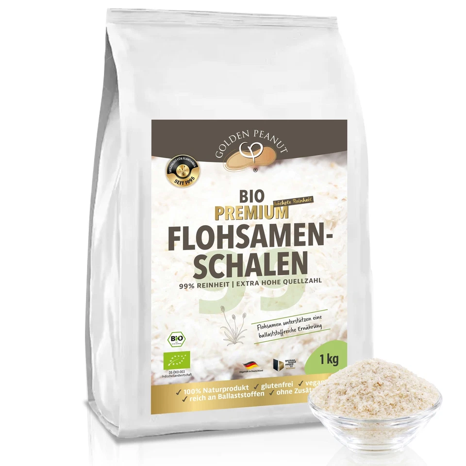 GOLDEN PEANUT Bio Flohsamenschalen 1kg 99% Reinheit hell hohe Quellzahl Psyllium Husks organic