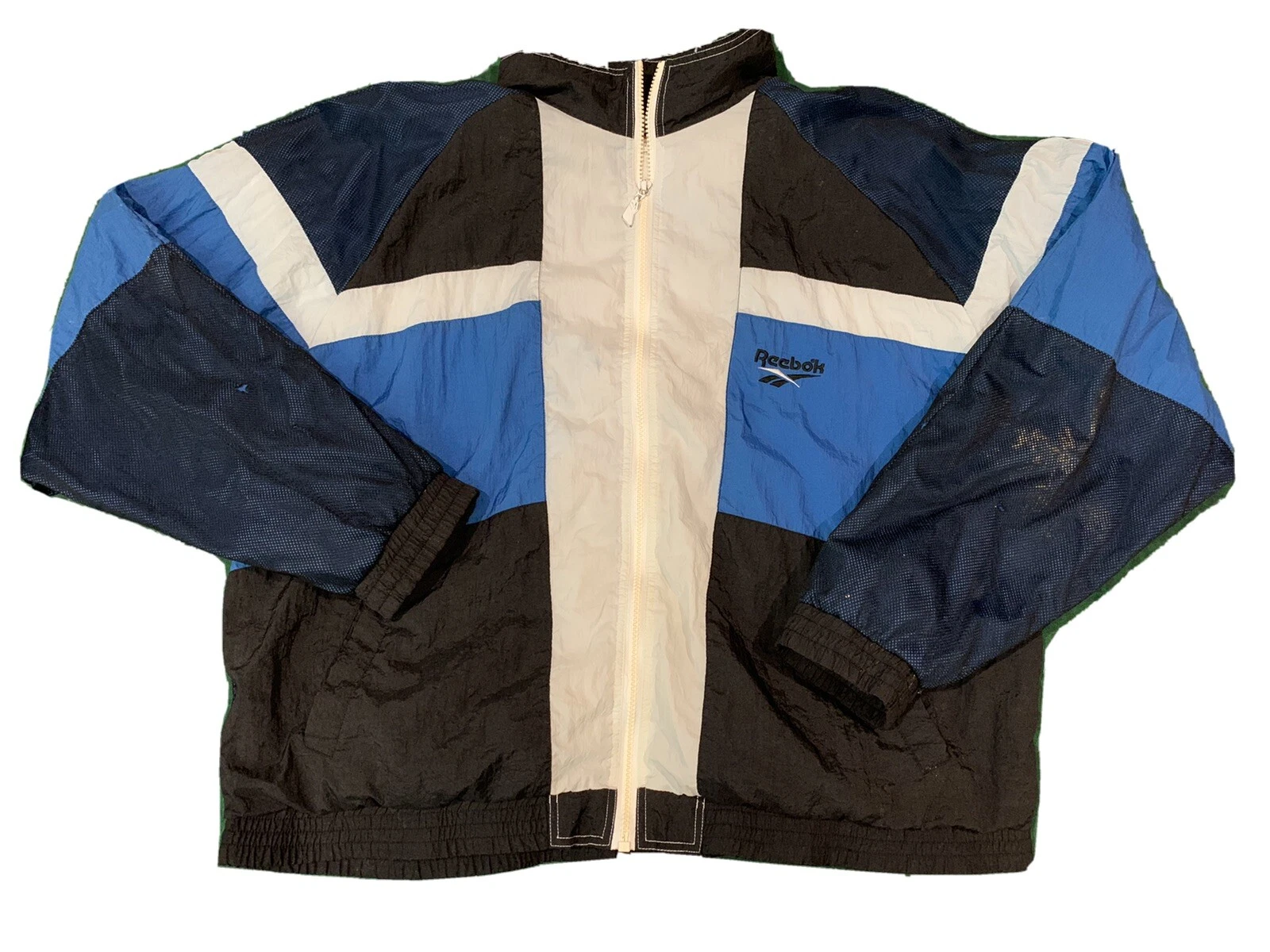Vintage 1990s Reebok Color Block Blue Black Nylon Windbreaker Jacket Size LARGE