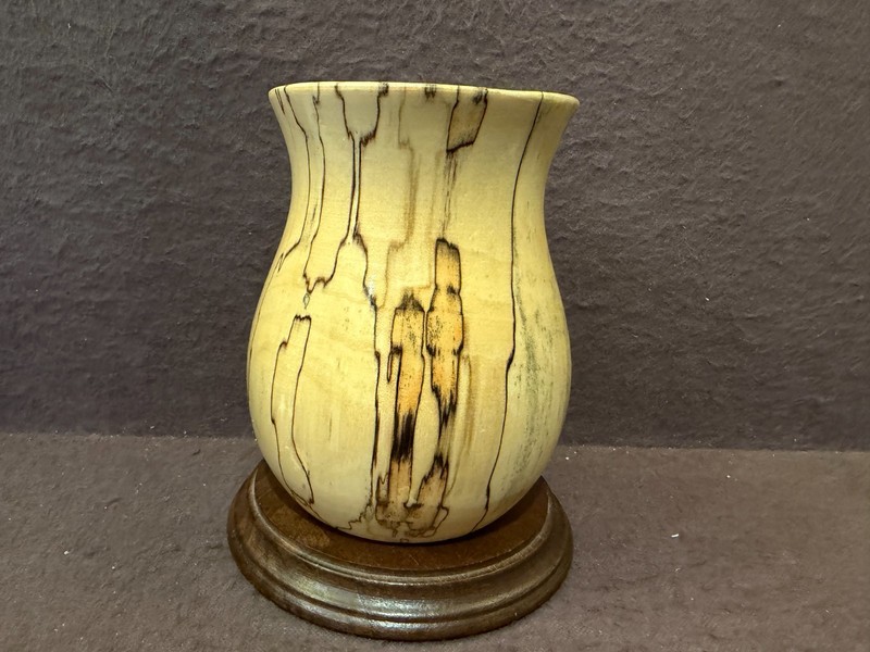 Hand Turned Wooden Vase Artesian Made in Finland, Round Bottom with Leather