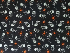 Skull Cross Bones Halloween Fabric BTY Black White Orange