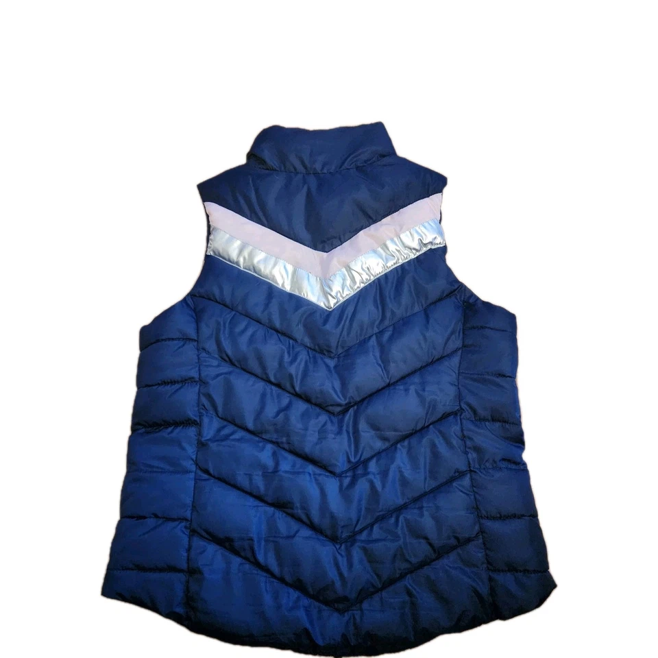 Chaleco acolchado azul marino con rayas Chevron plateadas y blancas grande para mujer Foto 2 de 4