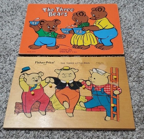The Three Little Pigs #520 Fisher Price Vintage Wooden Puzzle Three Bears Conner - Picture 1 of 6