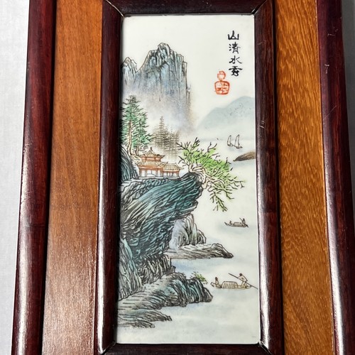 Antikes chinesisches gerahmtes bemaltes Porzellan Paar Plaketten - Bild 7 von 13