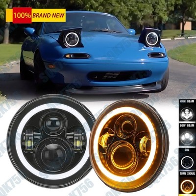 White Halo Angel Eyes  7 inch LED Headlight Hi/Lo Beam For Mazda Miata 1990-1997