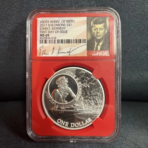 2017 Silver JFK Solomon Islands NGC MS 69 1 oz 999 Silver Red Core Kennedy Label