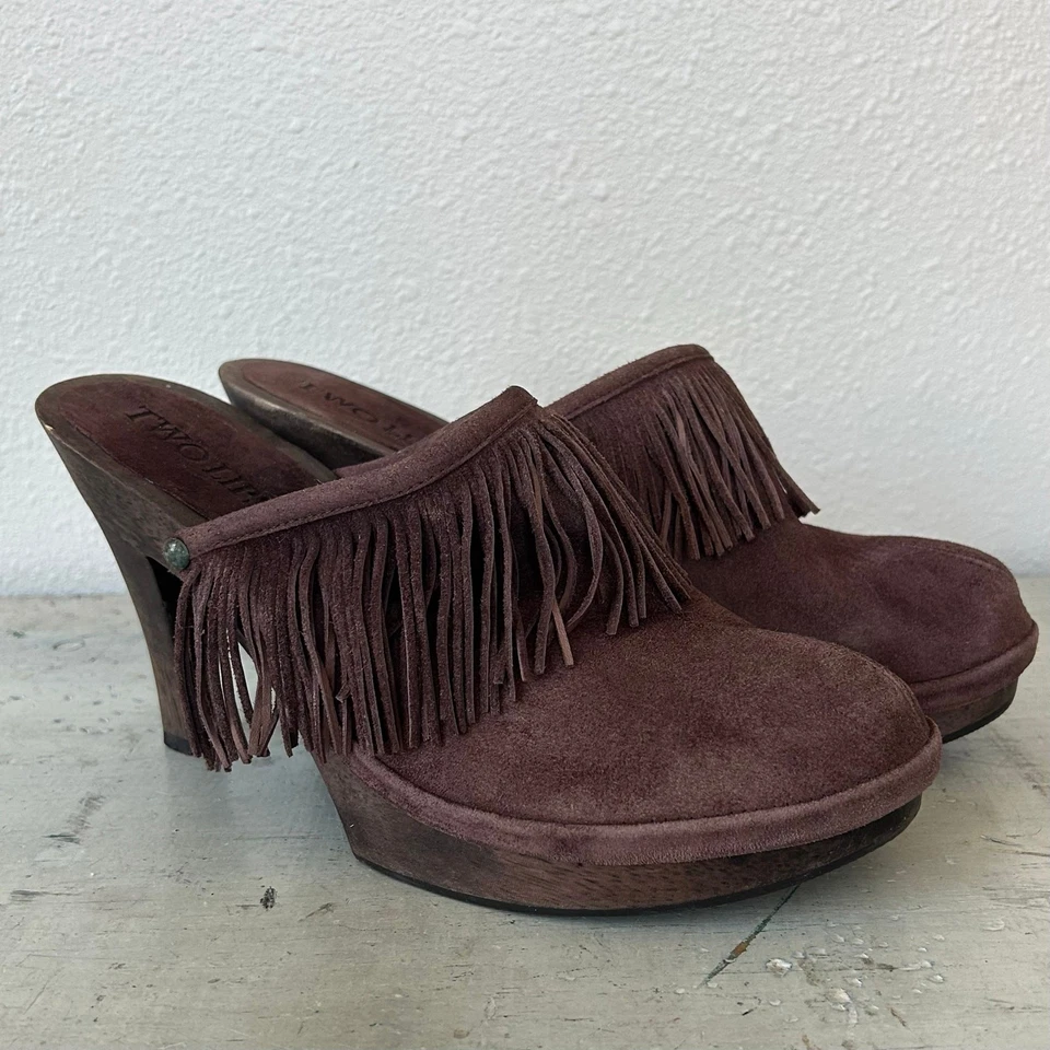 Mulas plataforma dos labios vintage tacón alto suela de madera flecos de cuero Y2K boho 8 Foto 3 de 4