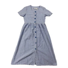 Women’s Seersucker Blue White Striped Shirt Dress Midi Modest XS Classic Retro