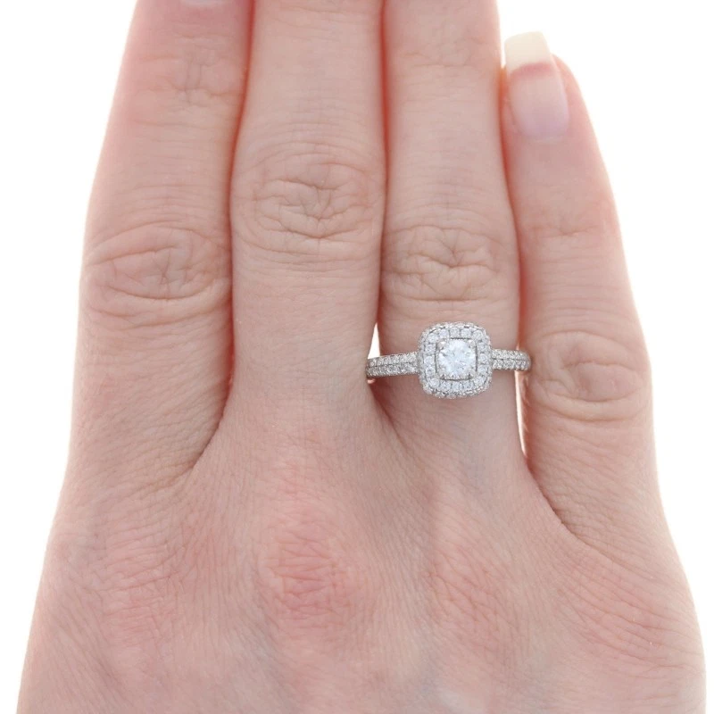 White Gold Diamond Halo Engagement Ring -14k Round Cut .90ctw Cathedral Milgrain - Image 2 of 4