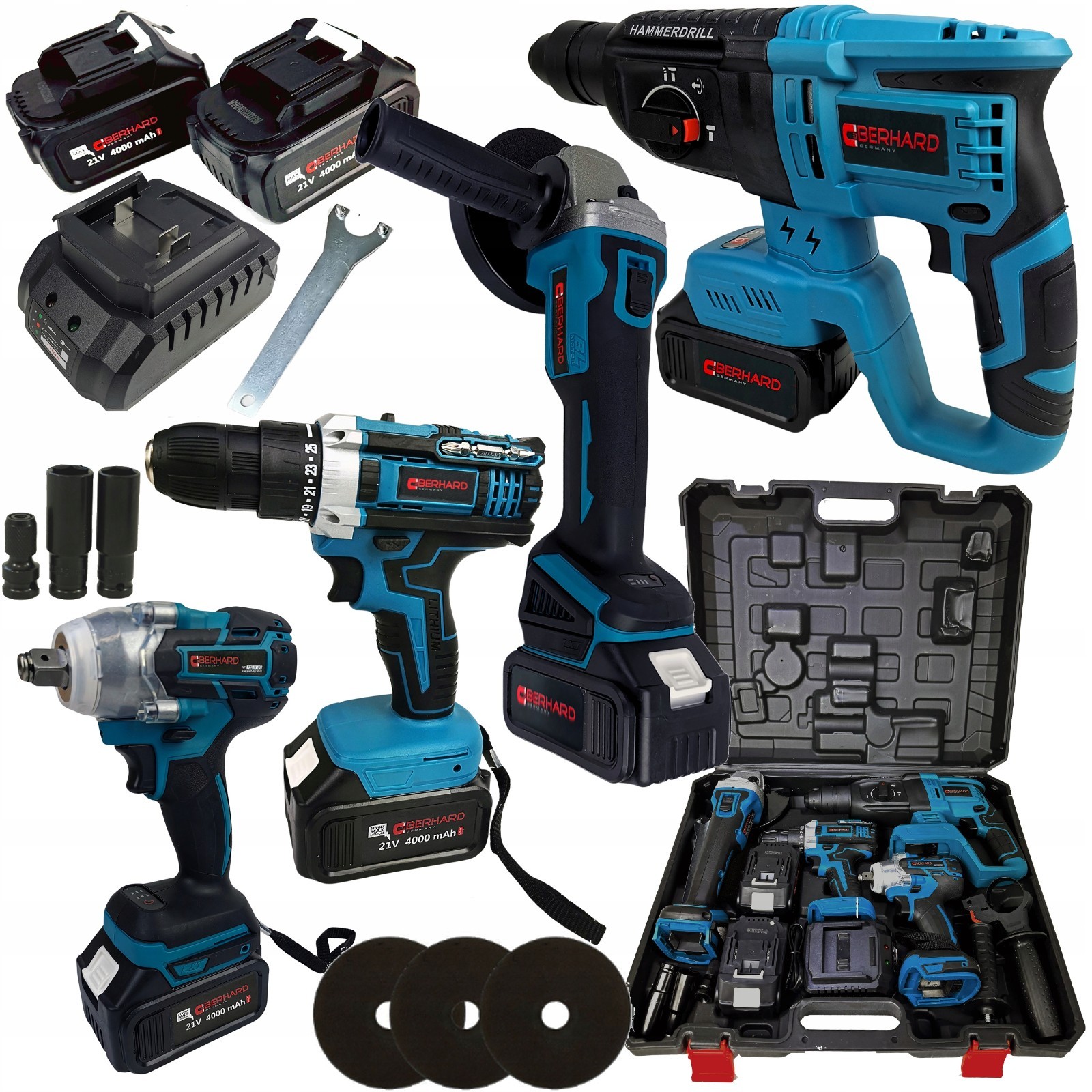 Kit outils sans fil 21V robuste avec coffret de transport noir