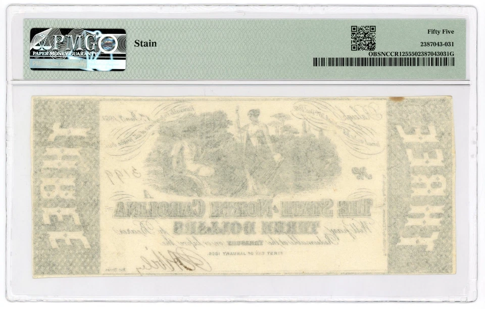1863 Cr.125 $3 The State of NORTH CAROLINA Note - CIVIL WAR Era PMG AU 55 - Image 2 of 2