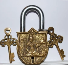 Monastery Lock & 2-Key Set - Solid Brass Antique Patina - Works - Excellent Cond