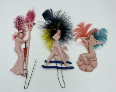 3 Pin-Up Girl Pastel Réplica Cabello Ornamento Celuloide Pluma 1940s Raro Cisne