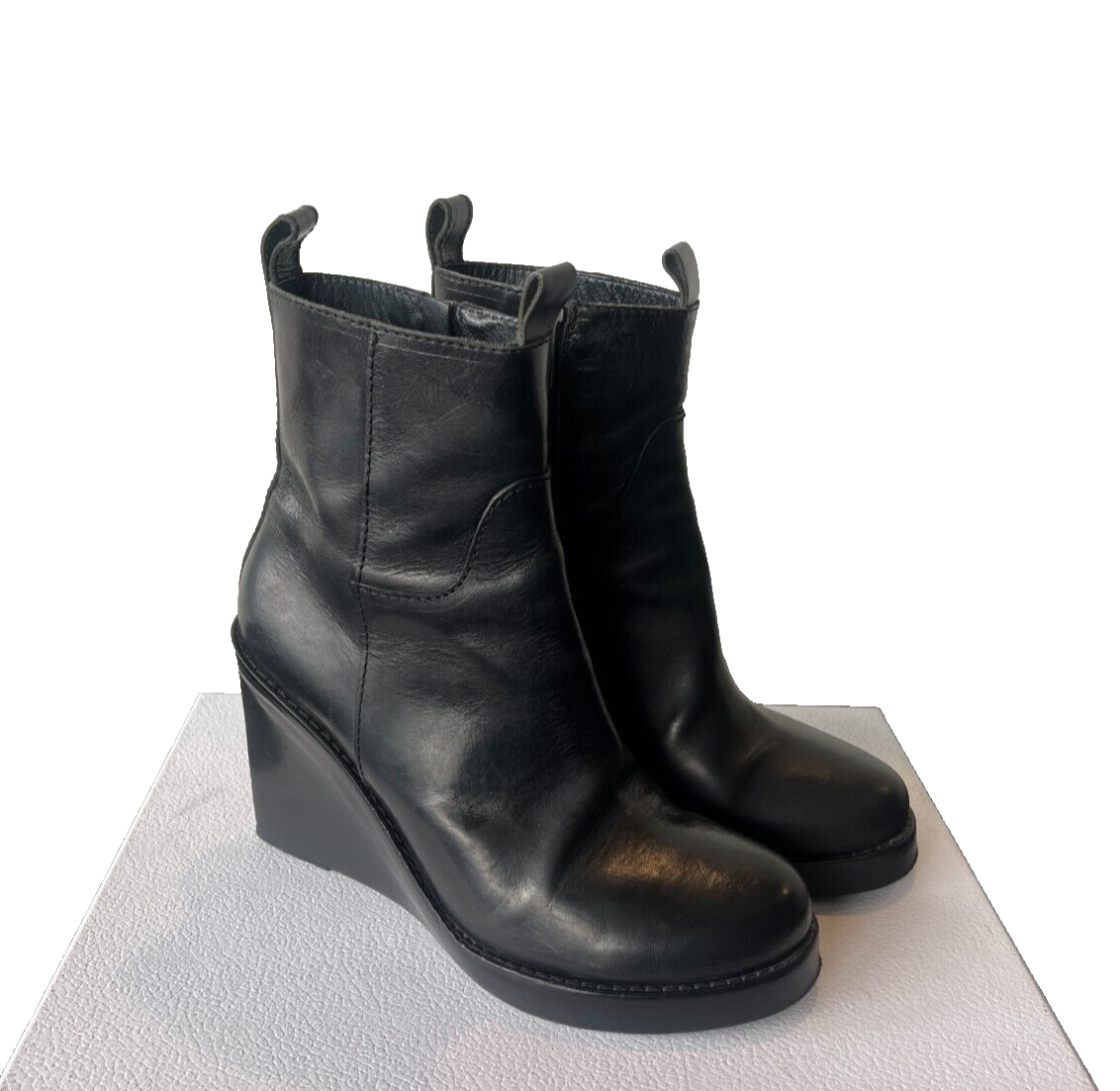 ANN DEMEULEMEESTER Black Leather Wedge Zip Ankle Boots 37EU ANN DEMEULEMEESTER Black Leather Wedge Zip Ankle Boots 37EU