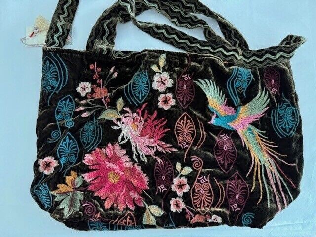 Johnny Was Ashira Velvet Tote Bag Floral Bird Tiger Eye