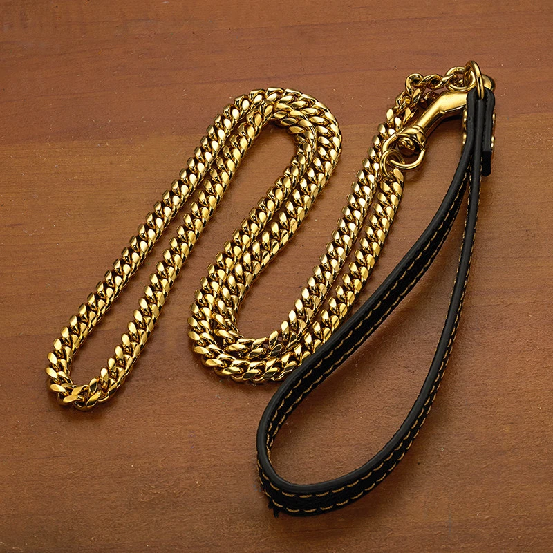 51inch Stainless steel Gold Miami Chain Leather Walking Dog Leash Lead Traning - Image 4 of 4