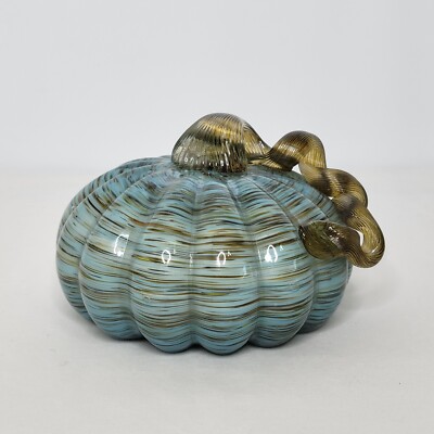 Blue and Brown Swirl Art Glass Pumpkin Figurine Sculpture Applied Stem 5''x3.5''