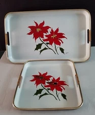 Saltera Christmas Poinsettia Lacquer Nesting Trays White Black Red Gold Vintgage