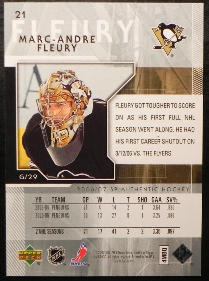 2006-07 06/07 SP Authentic #21 Marc-Andre Fleury Pittsburgh Penguins - Image 2 of 2