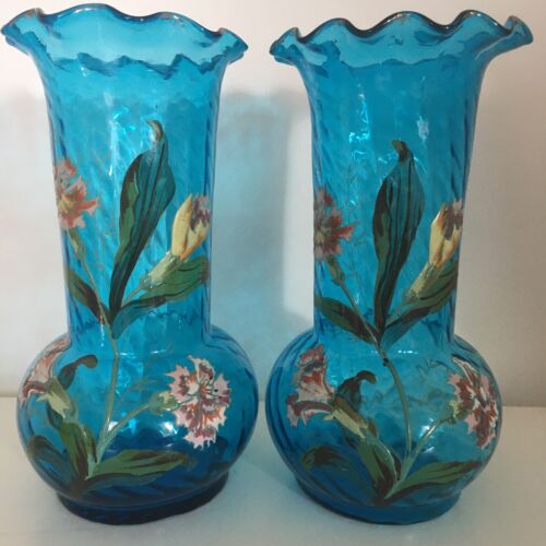 Pair Of Antique Blue Enameled Glass Vases w/ Birds & Flowers H 11” Beautiful - Picture 1 of 12