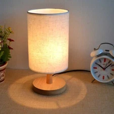 Wood Bedside Table Lamp Round Base with Fabric Shade and 5w LED Bulb