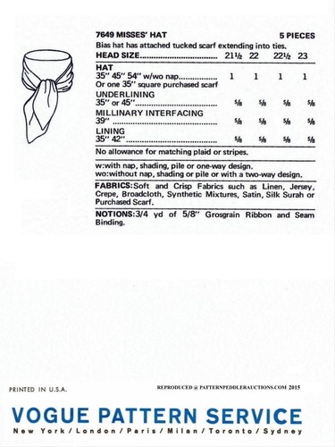 Vogue # 7649 Designer ADOLFO Scarf Hat Cap Fabric Sewing Pattern Chemo Alopecia - Picture 2 of 2