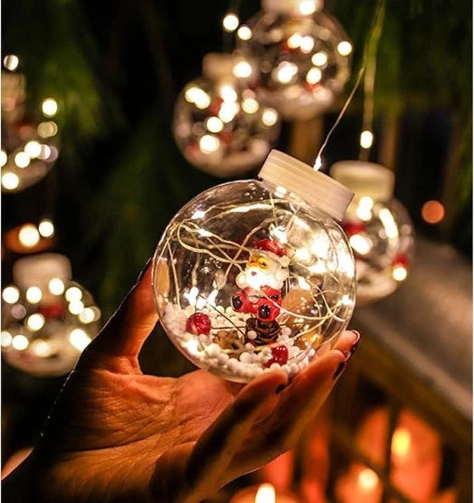 PALLINE Natalizie Trasparenti LED fiocchi neve Babbo NATALE Decorazioni Albero - Immagine 3 di 4
