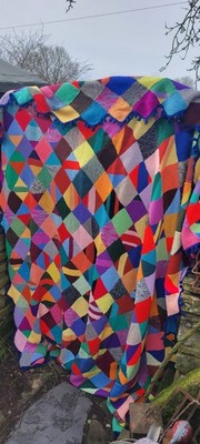Vintage große handgestrickte Wolle Patchwork Decke 98 x 100 cm 