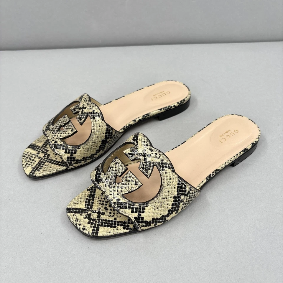 Gucci Shoes Womens Size 8 38 Beige Leather Snake GG Logo Slide Sandals Italy - Image 3 of 4