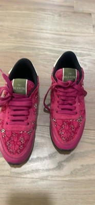 Valentino Garavani Pink Floral Lace Up Low Top Women's Athletic Sneakers