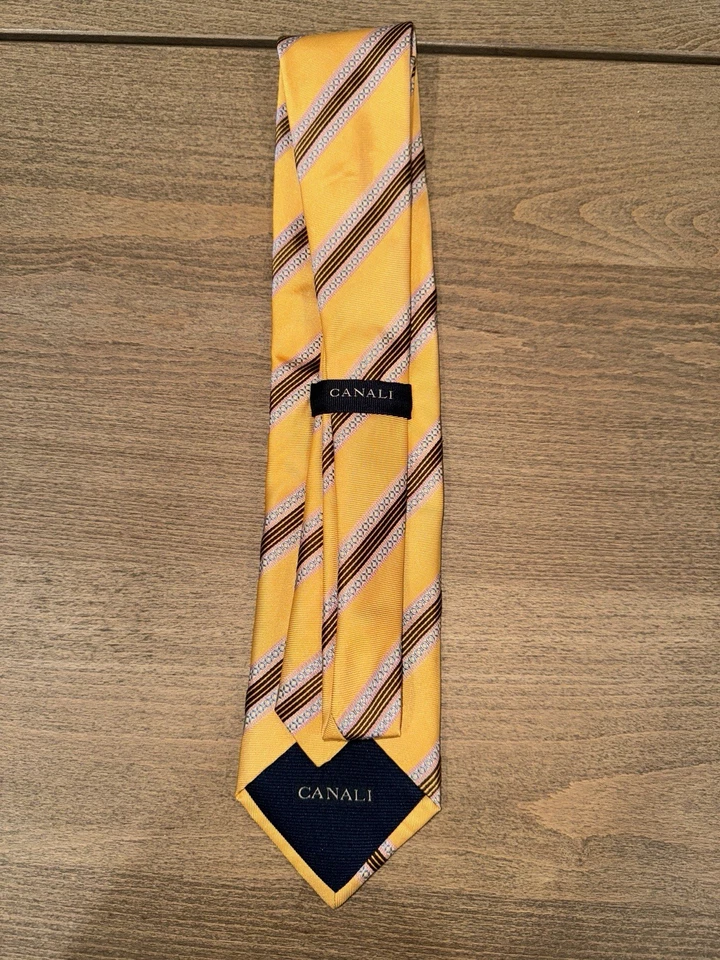 CANALI 意大利制造黄色几何条纹 100% 真丝领带豪华 — 第 2/2 张图片