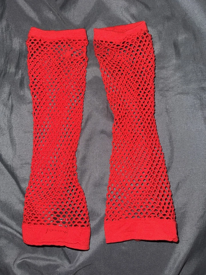 Red Fishnet Fingerless Gloves Mid-Arm Length - Image 2 of 2