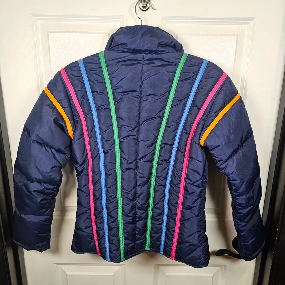 复古复古头羽绒滑雪夹克外套彩虹条纹 80 年代女式 XXS 儿童大号 — 第 4/4 张图片