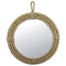 Vintage Nautical 16.5" Round Wall Mirror with Rope Wrapped Trim and Hanging L...