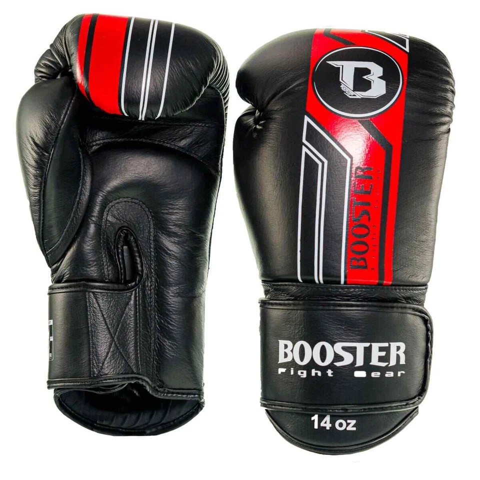 BOOSTER FIGHTGEAR BOOSTER Boxhandschuhe BGVL 9 Schwarz/Rot Kickboxen Boxen 10 12 14 16 oz Leder