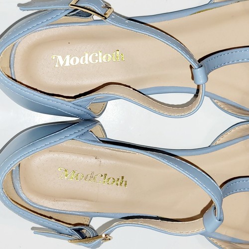 Modcloth Heartbeat Lt Blue T-Strap Flats Pointed Closed Toe Buckle Shoes Wms 6US - Picture 15 of 24