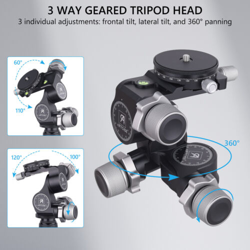 Cabezal de trípode con engranaje de 3 vías Cabezal de cámara Aluminio Cabezal de fluido panorámico/inclinable de 3 ejes - Imagen 3 de 11