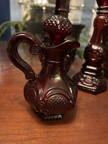 Lot Of 5 Ruby Red Glass AVON 1876 Cape Cod PCs 2 Decanters 2 Cruets 1Candlestick - Picture 4 of 13