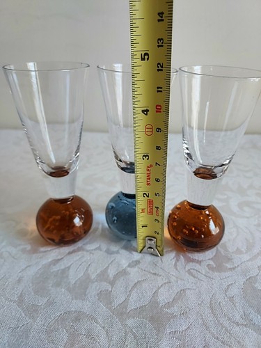 Set of 3 Colored Art Shot Glasses Brown Blue Bottom Hand Blown Suspended Bubbles - Imagen 8 de 11