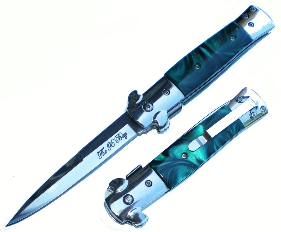 THE X BAY Collectible EDC Pocket Knife GREEN Handle & Chrome Blade with Spring Opening