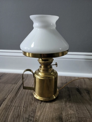 Vintage 11" Electrified table Lamp Oil Style Brass Milk glass Shade wall sconce