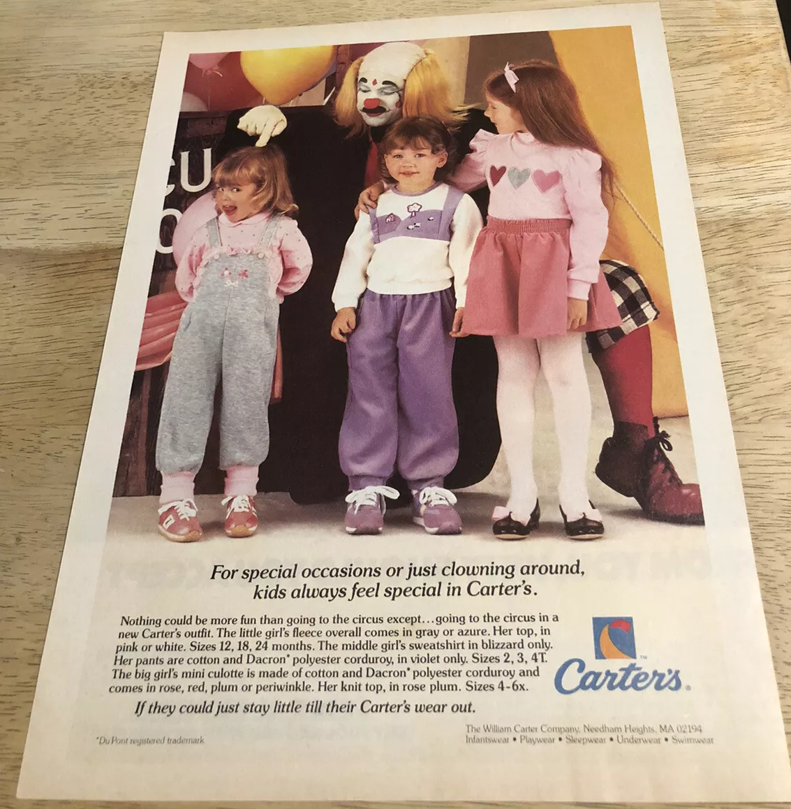 CARTERS Childrens Clothing Toddlers with Clown Vintage 1980s