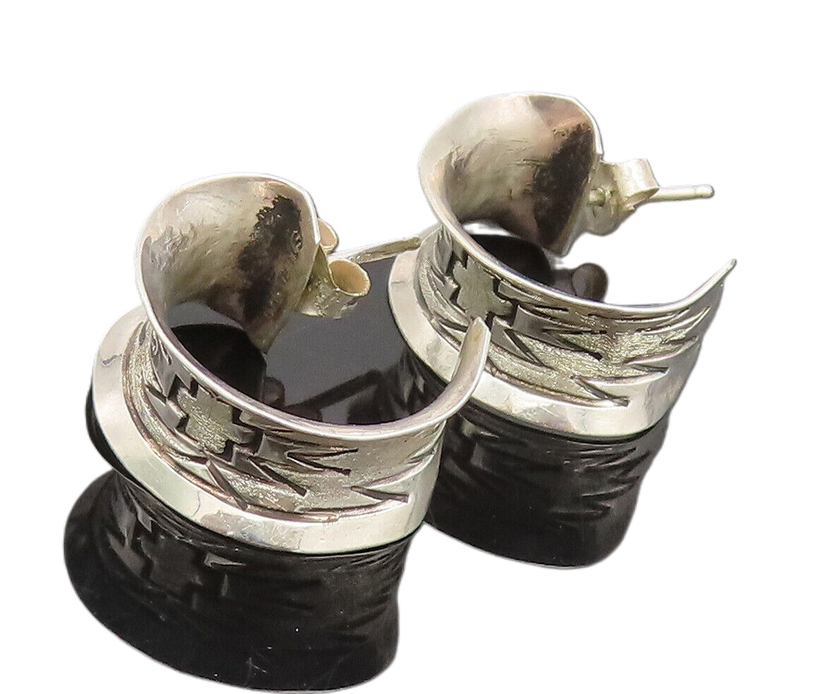 925 Sterling Silver Vintage Etched Spikey Design Open Hoop